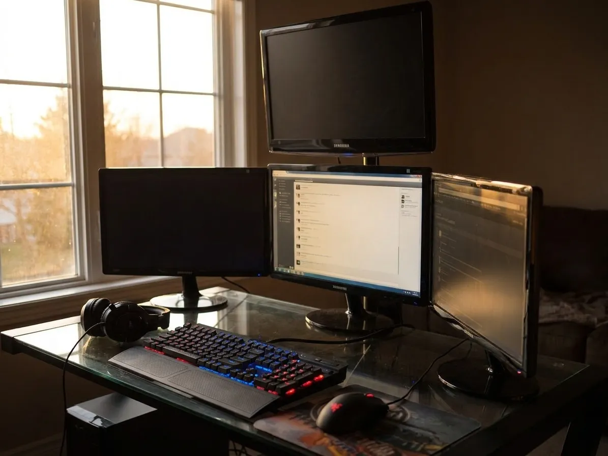 Mechanical gaming keyboard with RGB lighting next to gaming mouse and headset on a desk at a Los Angeles gaming cafe