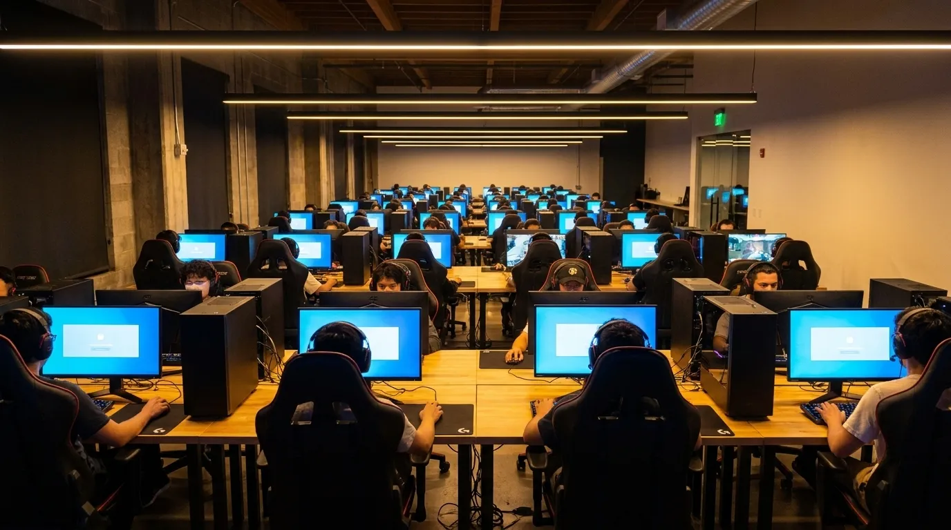 Rows of gaming PC stations with monitors and chairs inside Cyber City Esports Center in Mid-Wilshire Los Angeles