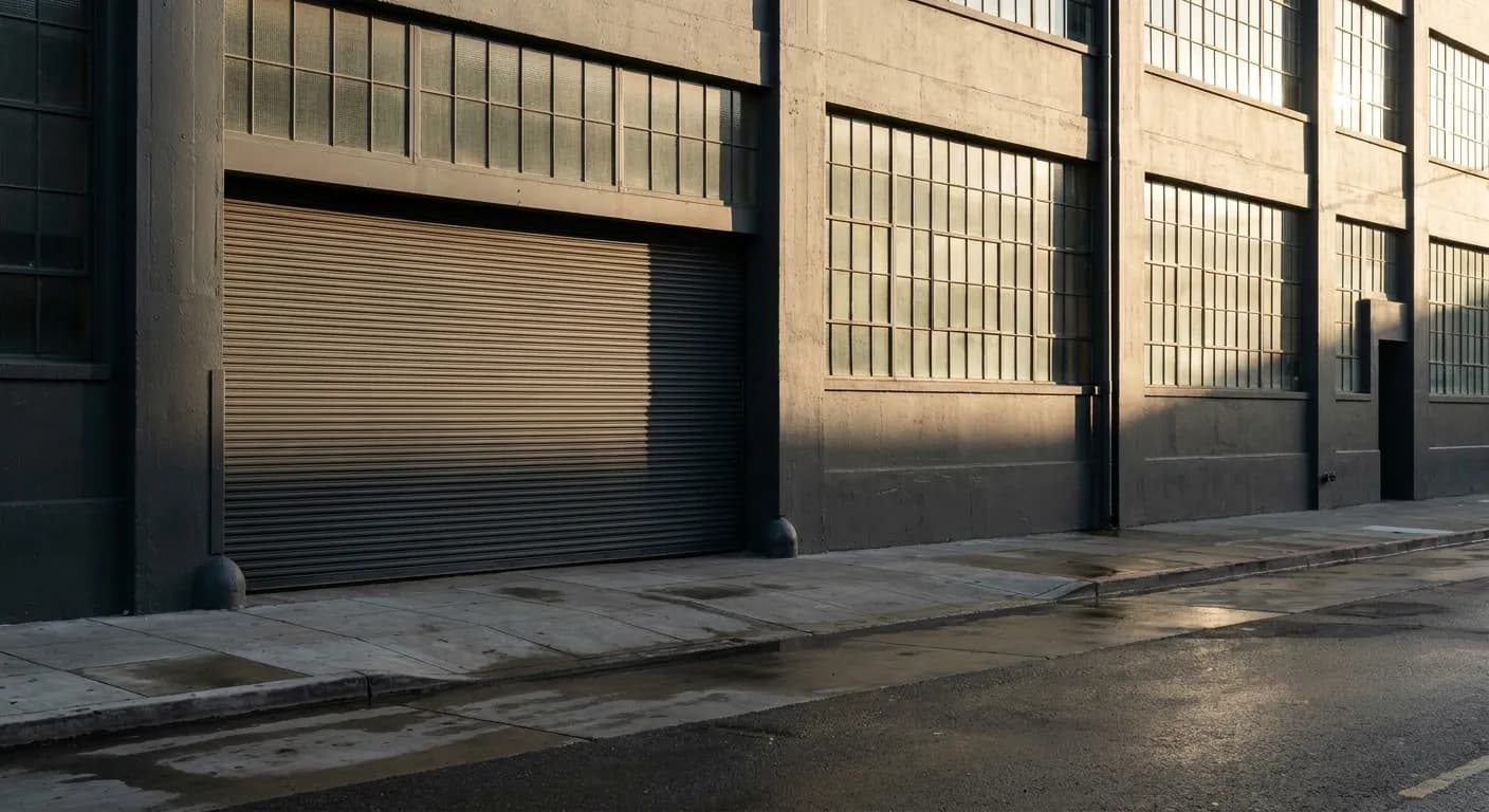 Street view of Sightglass Coffee's charcoal grey facade on 7th Street in SoMa with roll-up garage door and industrial windows
