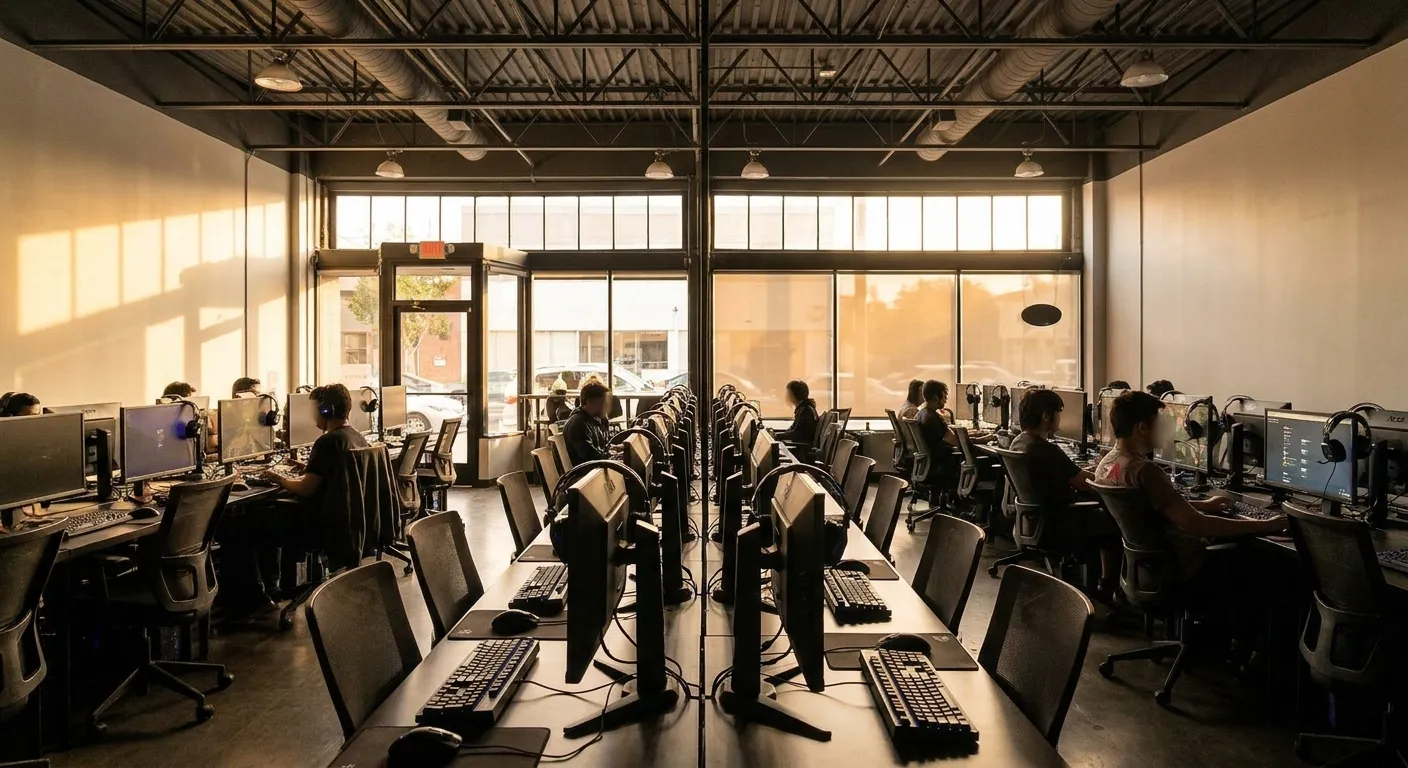 Interior of Euphnet Cyber Cafe showing rows of gaming PCs with high-refresh monitors and mechanical keyboards under commercial lighting