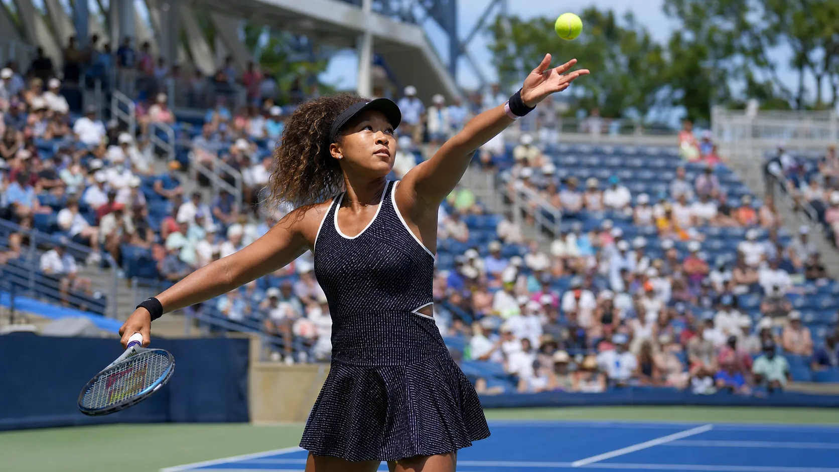 Photorealistic tennis scene illustrating Naomi Osaka’s Hard-Court Game and Her US Open Ceiling.