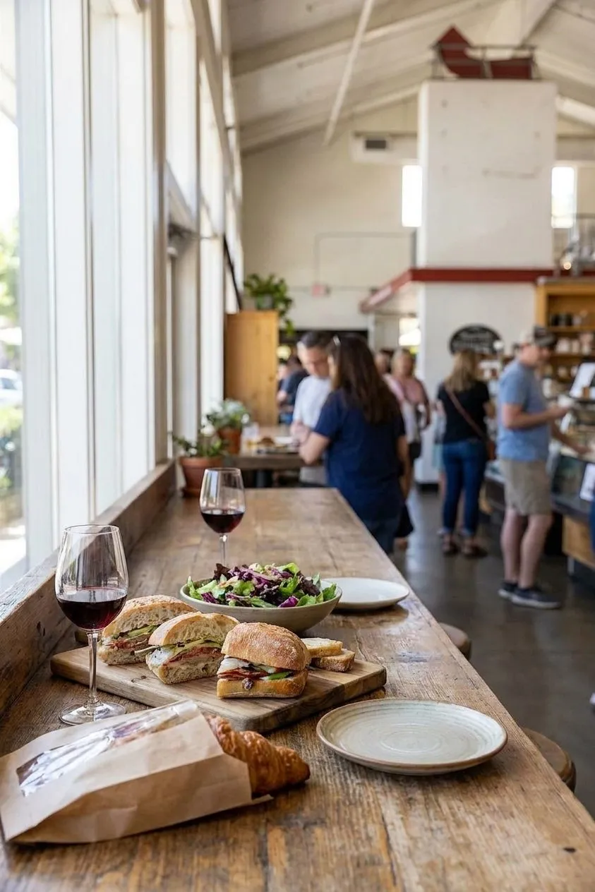 A market lunch spread beside wine glasses in Napa