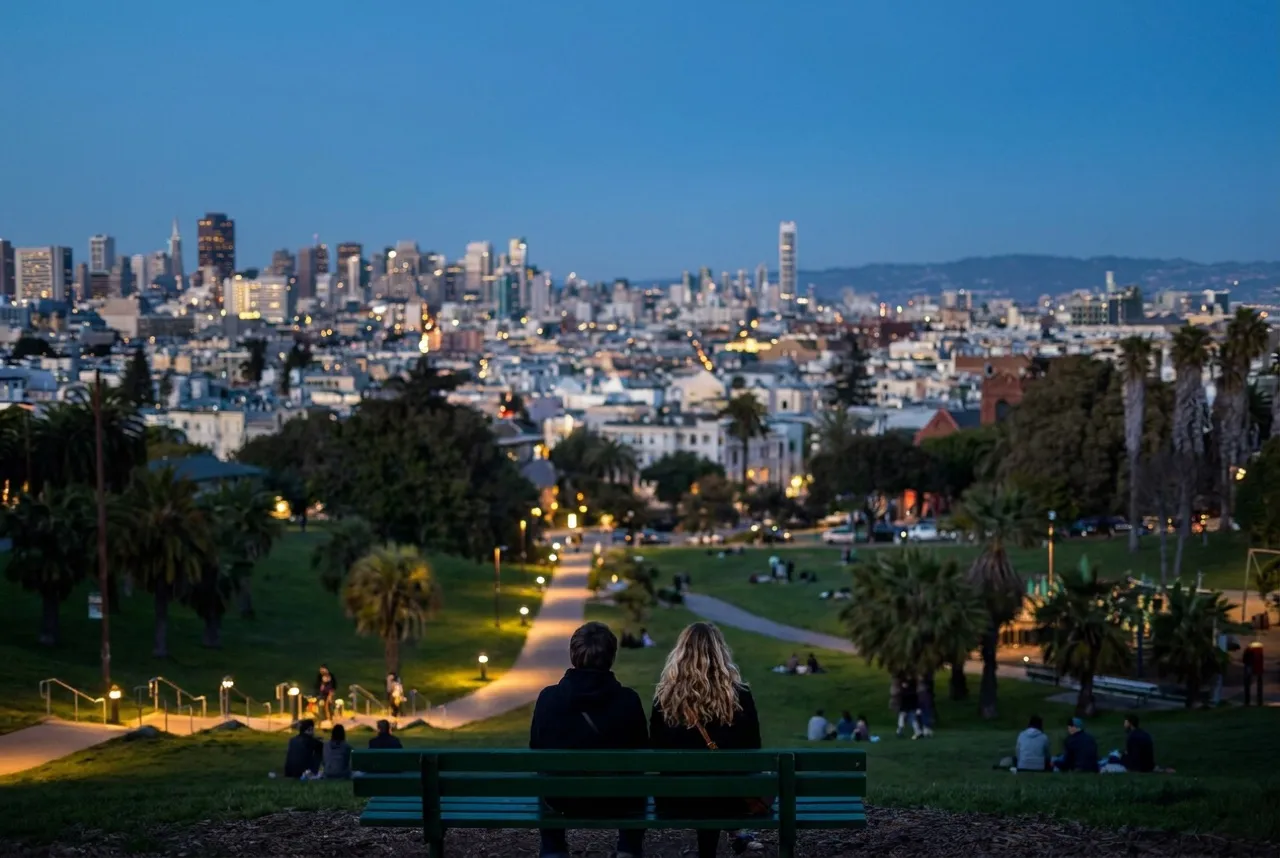 Dolores Park terraced hillside at dusk with palm trees and San Francisco skyline backdrop