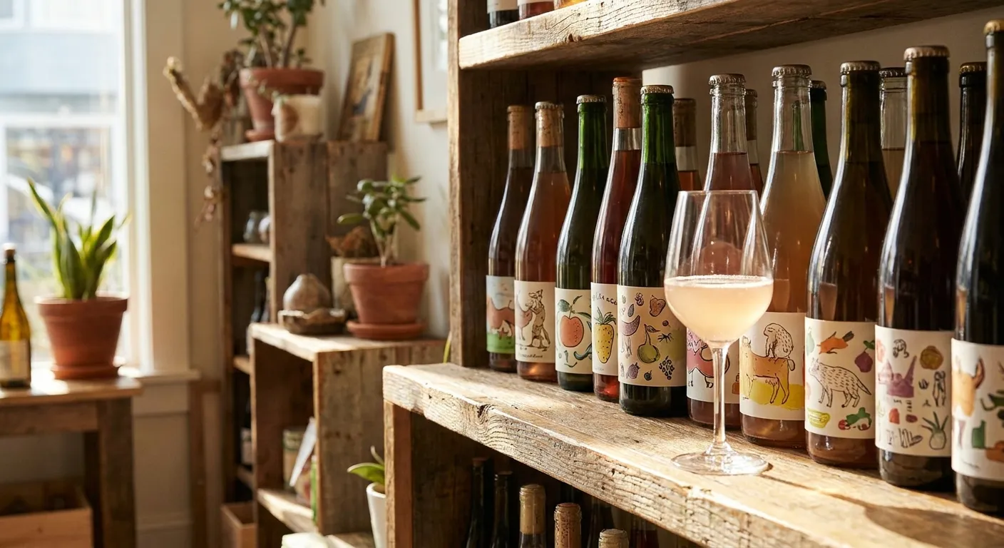 Colorful natural wine bottles with hand-drawn labels on a shop shelf beside a freshly poured glass of pet-nat