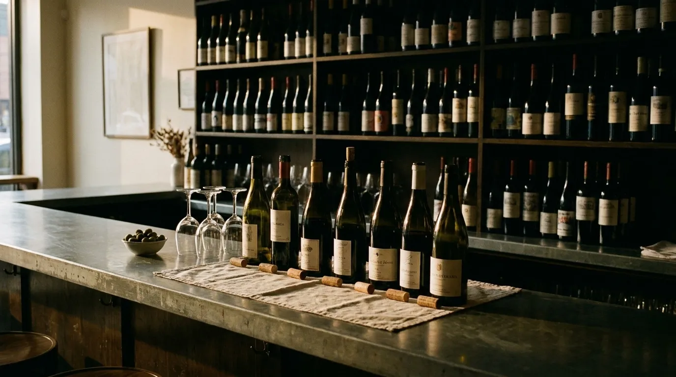 A wine bar counter with open bottles in a row, stemware upturned and a chalk shelf behind