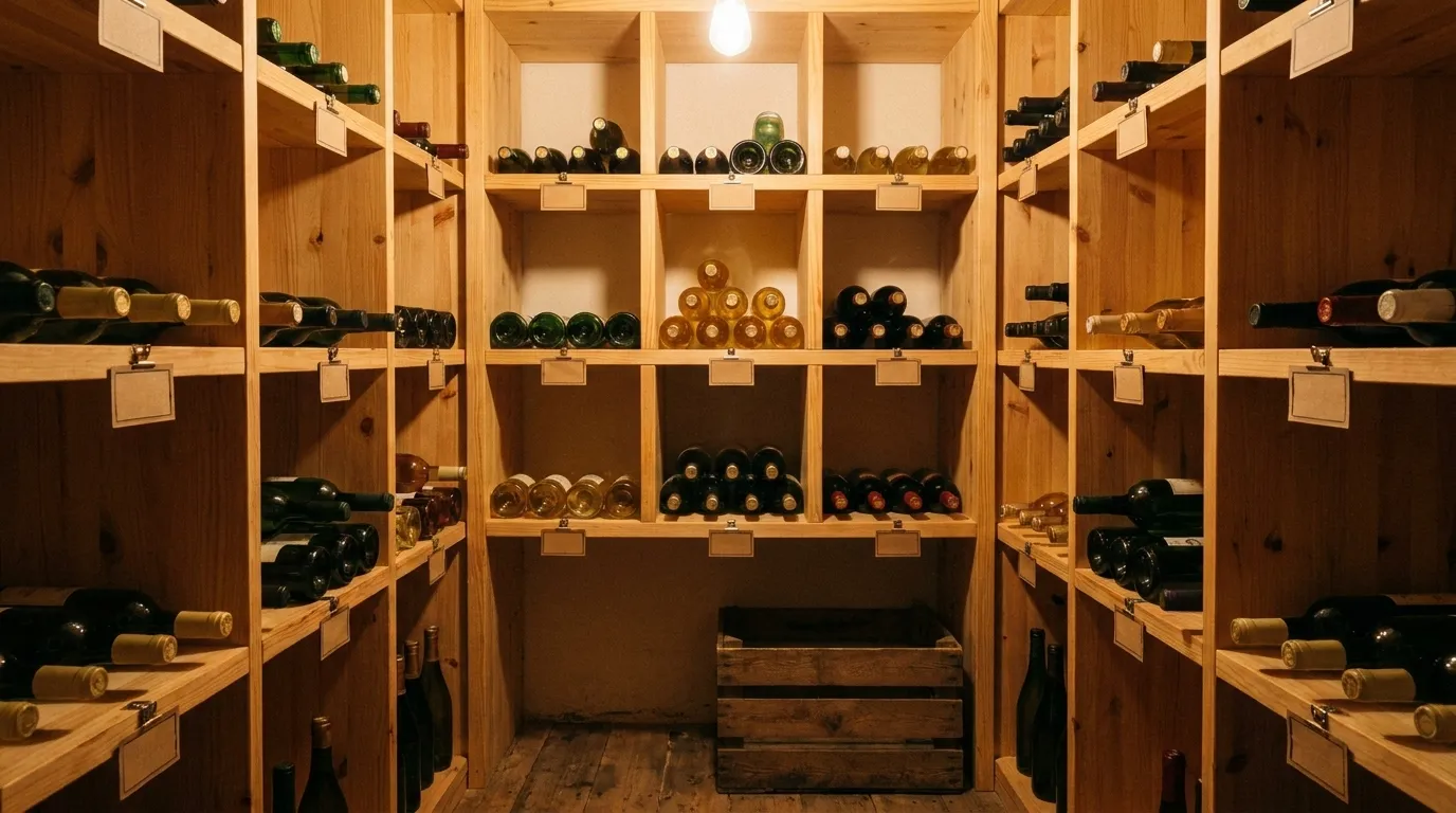 A wine shop shelf of mixed bottles lying on their sides in wooden racking