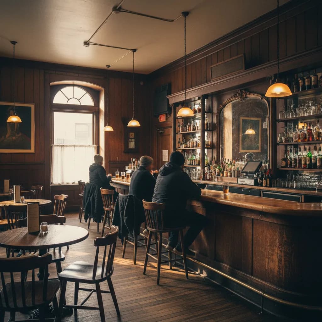 Editorial-style realistic scene inspired by Neir's Tavern in New York.