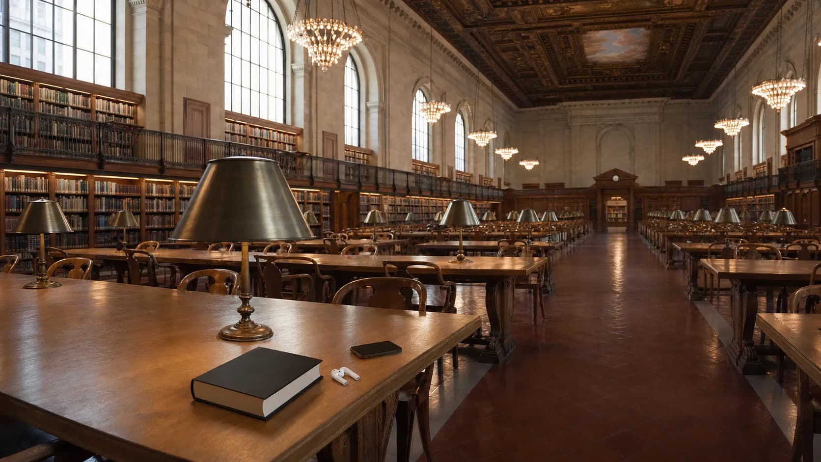 A quiet New York Public Library reading room table with a closed thriller book, earbuds, and a phone prepared for a book-to-screen viewing plan.