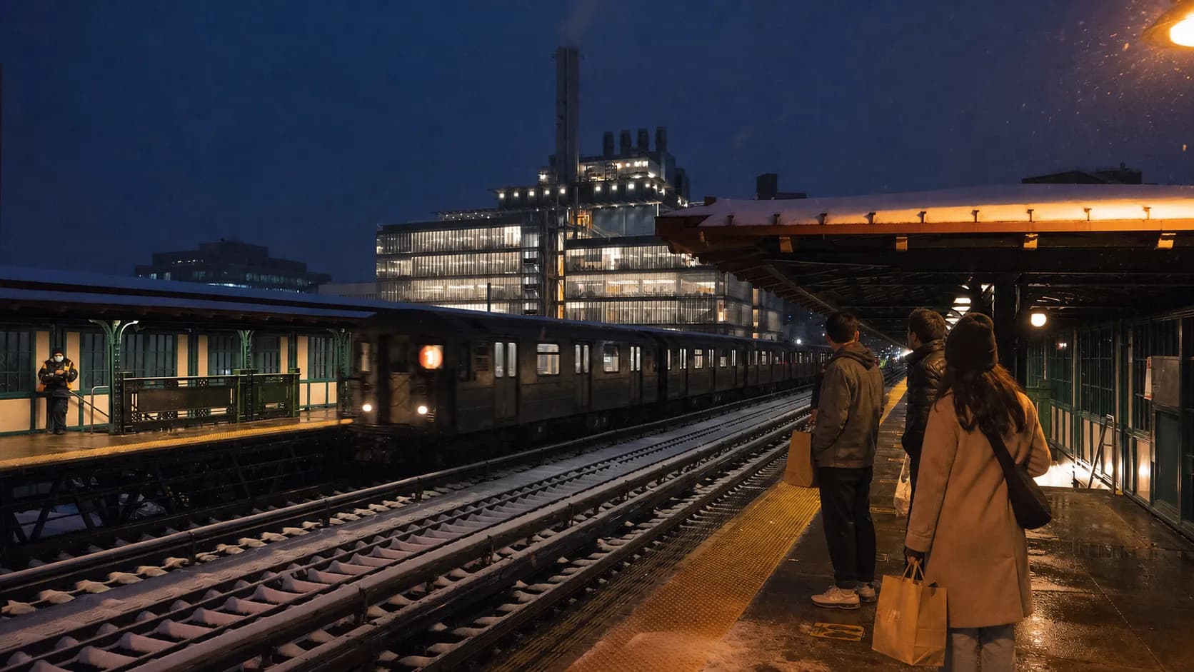 New Yorkers waiting on an evening subway platform with takeout bags on the way to a streaming watch party.