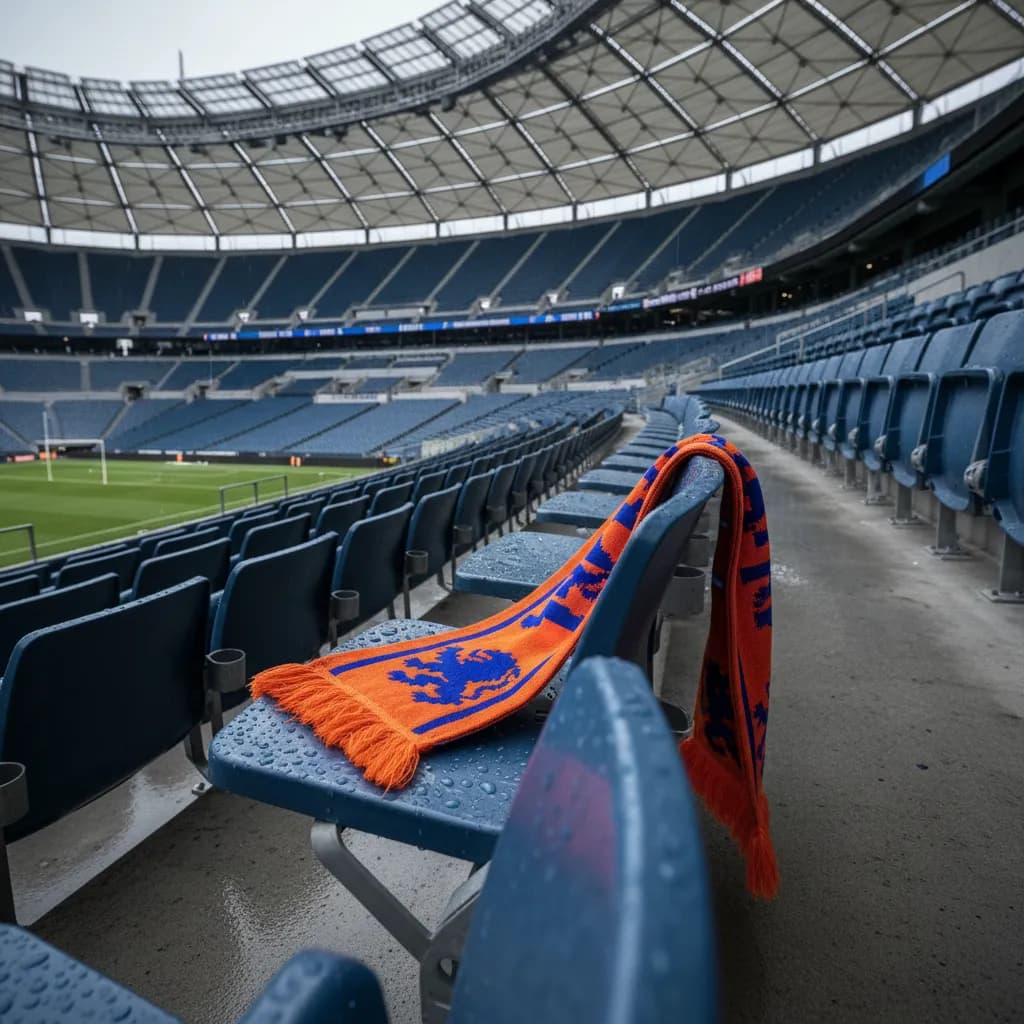 Orange Dutch scarf on an empty stadium seat symbolizing Netherlands' disappointing World Cup 2026 group stage