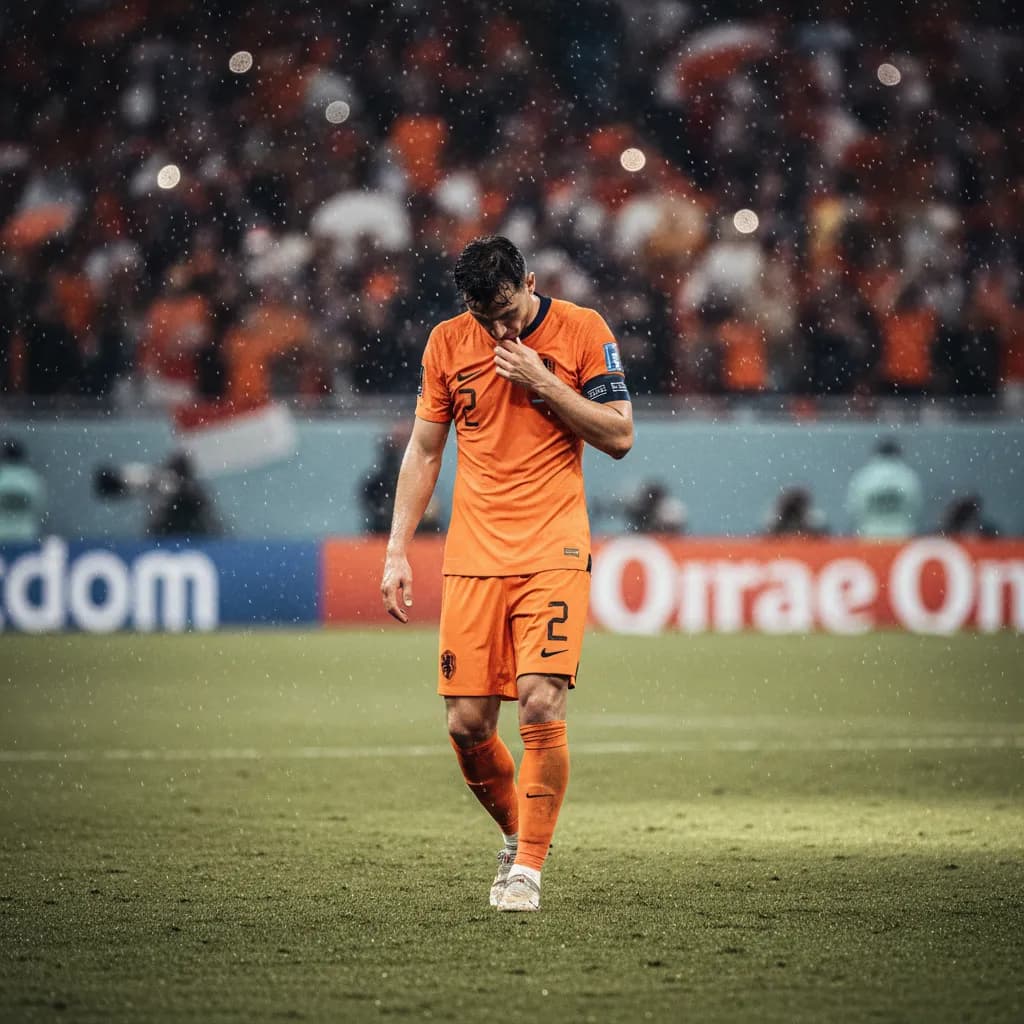 A Netherlands player walking off the pitch in an orange jersey after World Cup 2026 elimination