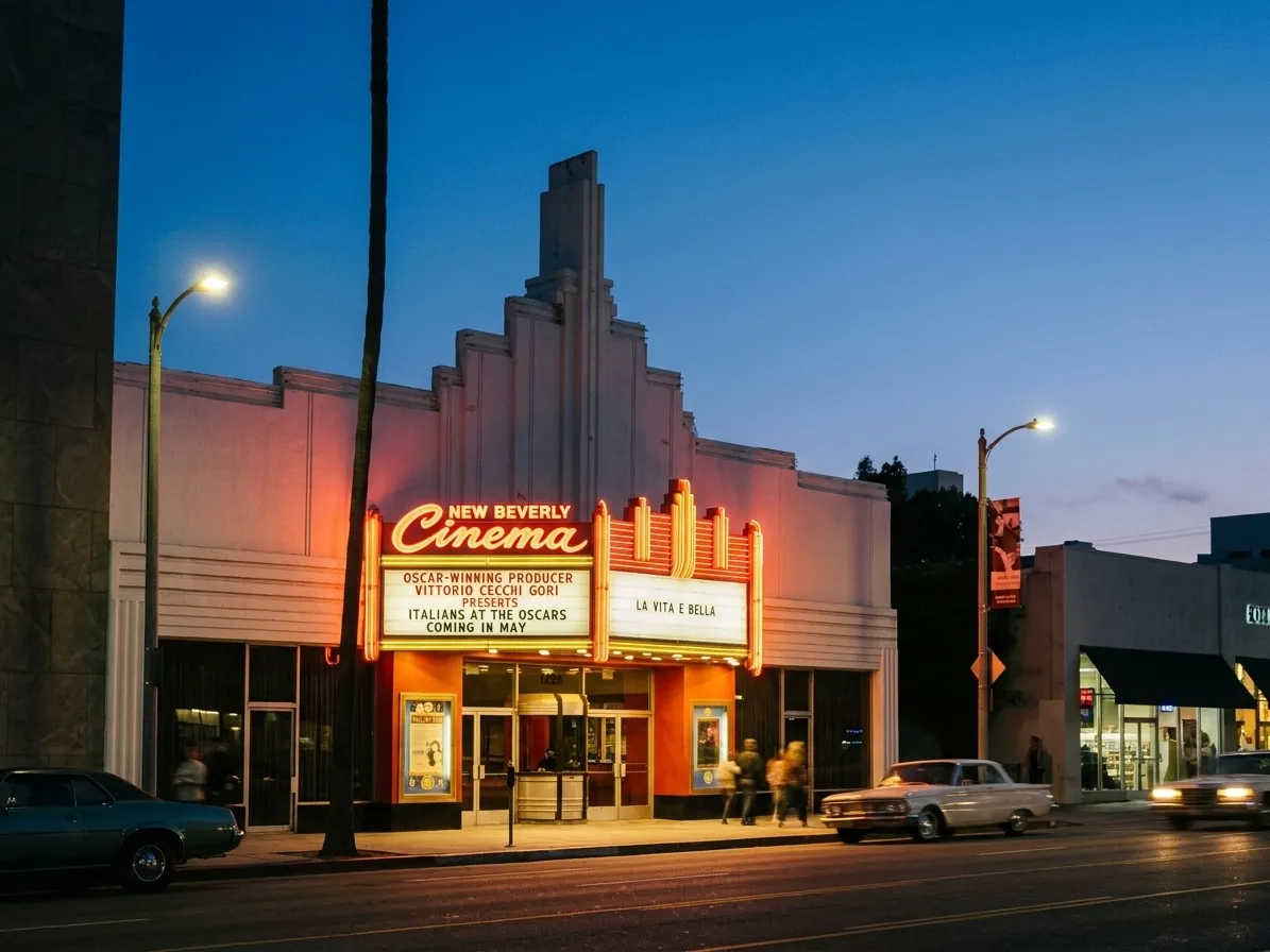 New Beverly Cinema marquee on Beverly Boulevard at dusk with vintage neon signage