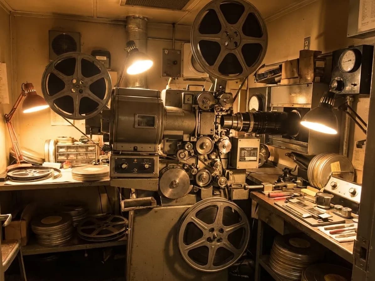 Vintage 35mm film projector with film reels in a classic movie theater projection booth