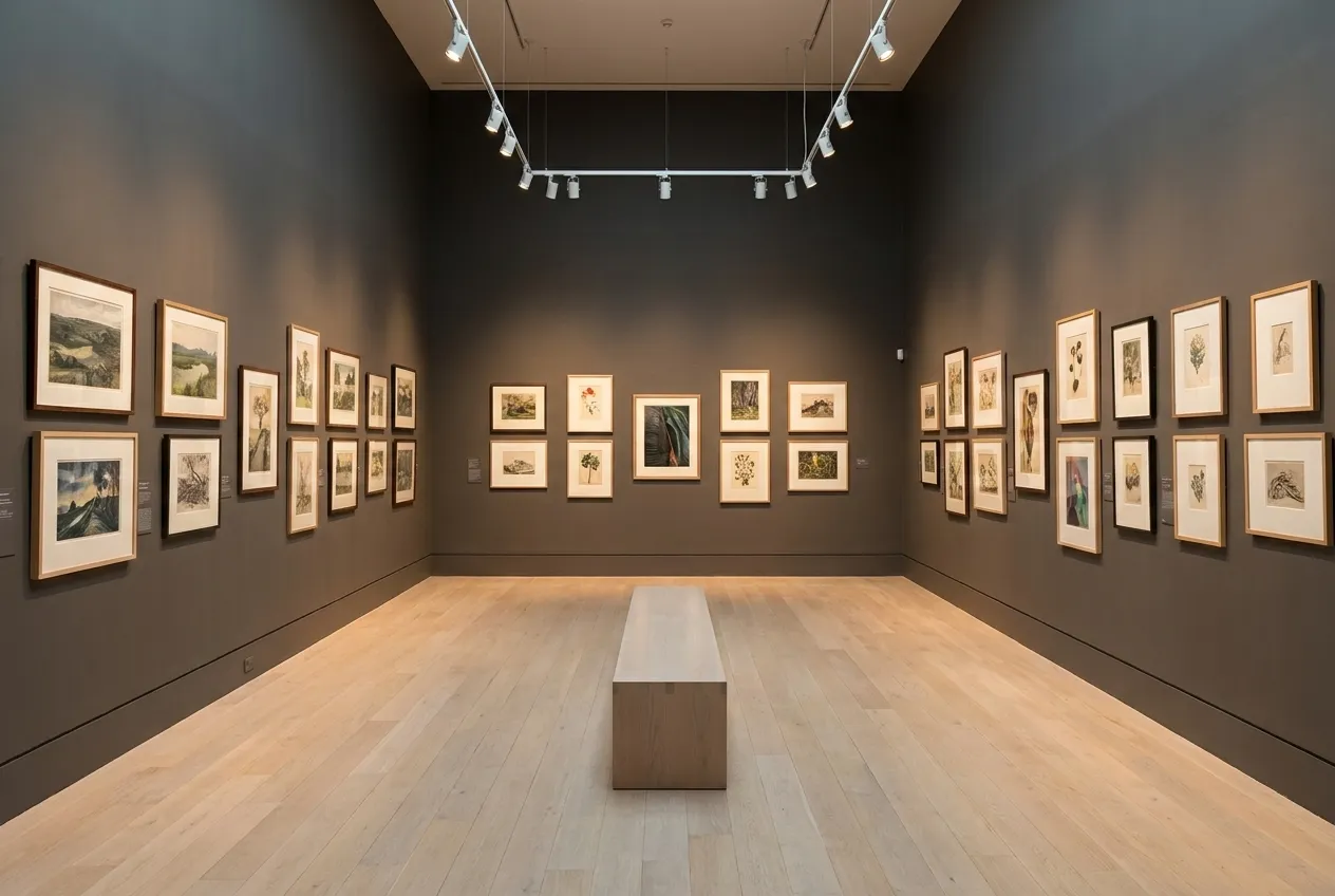 A tall museum gallery hung with framed illustrations