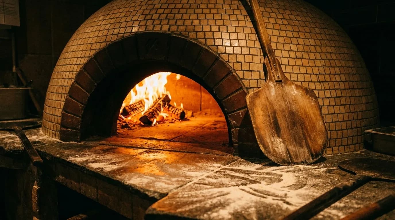A domed wood-fired pizza oven with a visible fire at the back, a wooden peel resting against it and warm light in a dim room