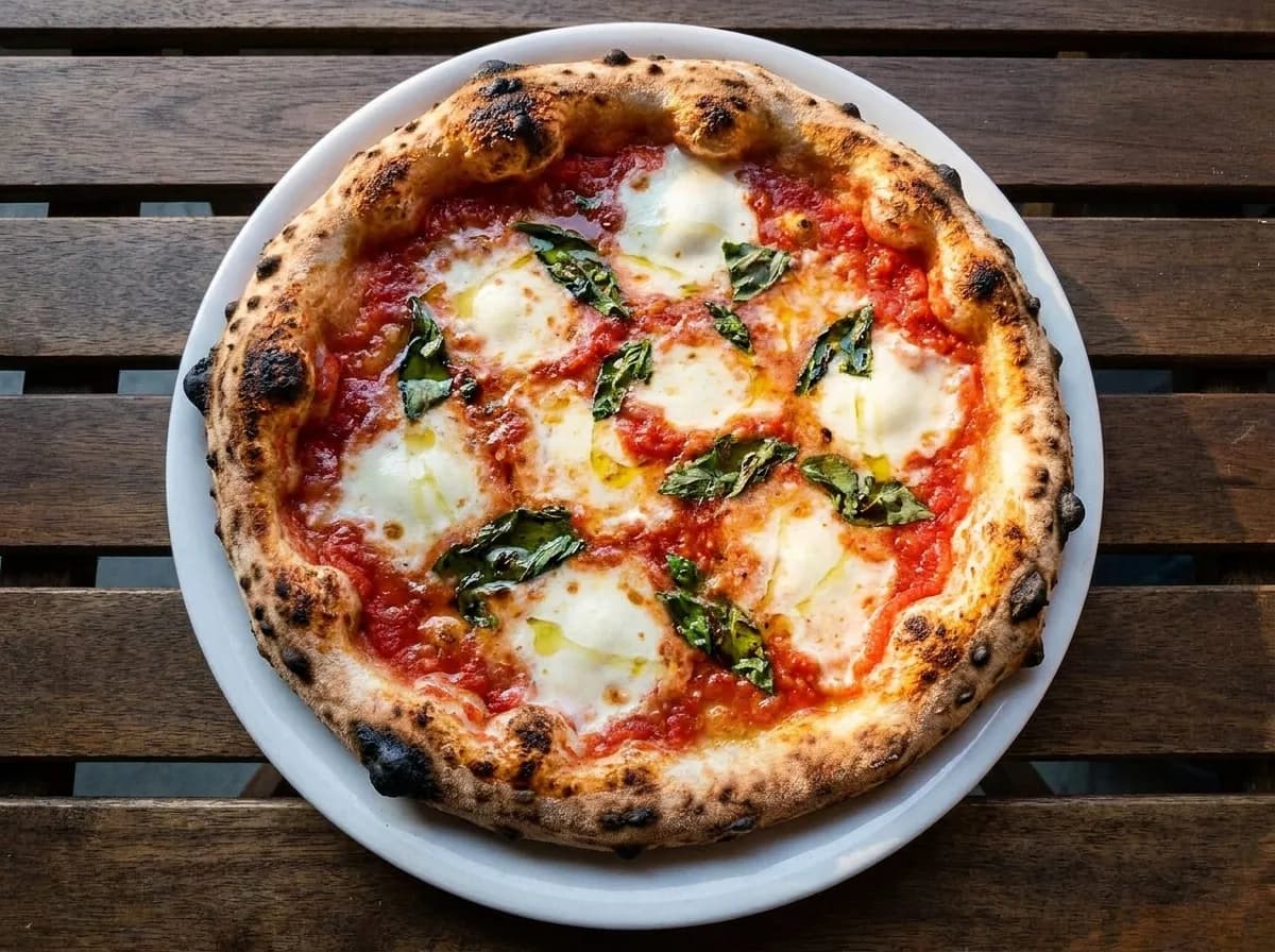 A blistered wood-fired pizza on a plate with a charred crust edge and a soft centre under warm restaurant light