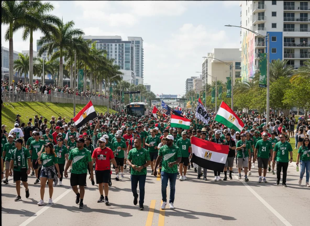 Bright public fan atmosphere for New Zealand and Egypt in Miami Gardens