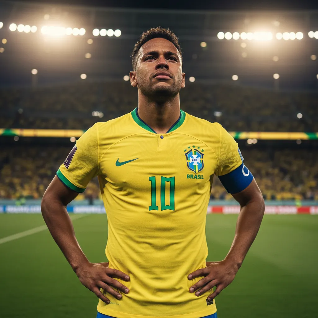 Neymar preparing to come on as a substitute in Brazil's yellow jersey with visible emotion