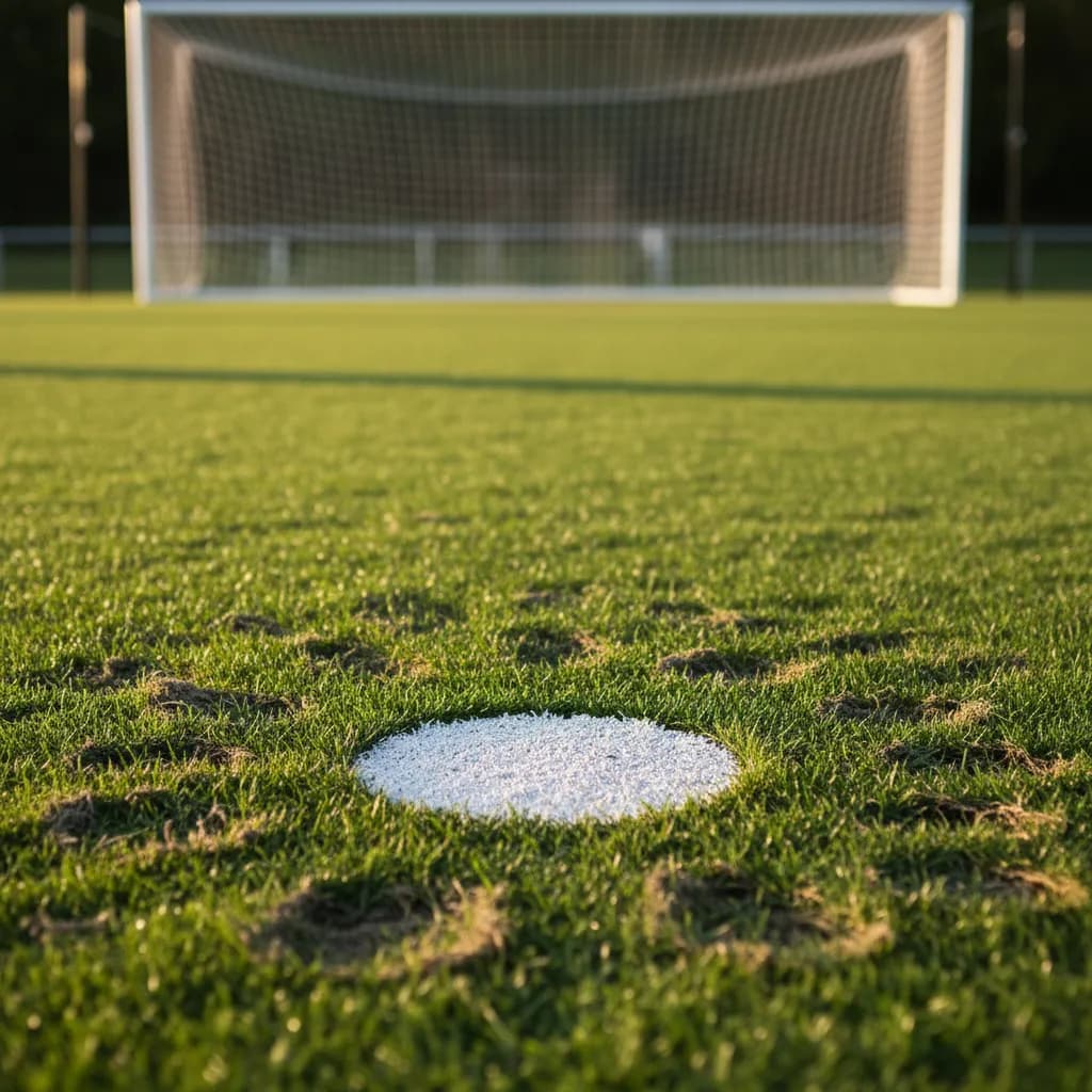 A penalty spot on a green pitch with scuff marks and the goal blurred in the background