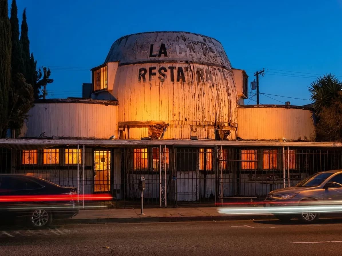 The cylindrical barrel-shaped Idle Hour building illuminated at night on Vineland Avenue in North Hollywood