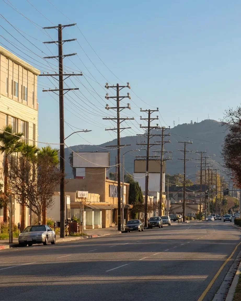 Vineland Avenue stretching through North Hollywood's commercial district with vintage buildings and palm trees
