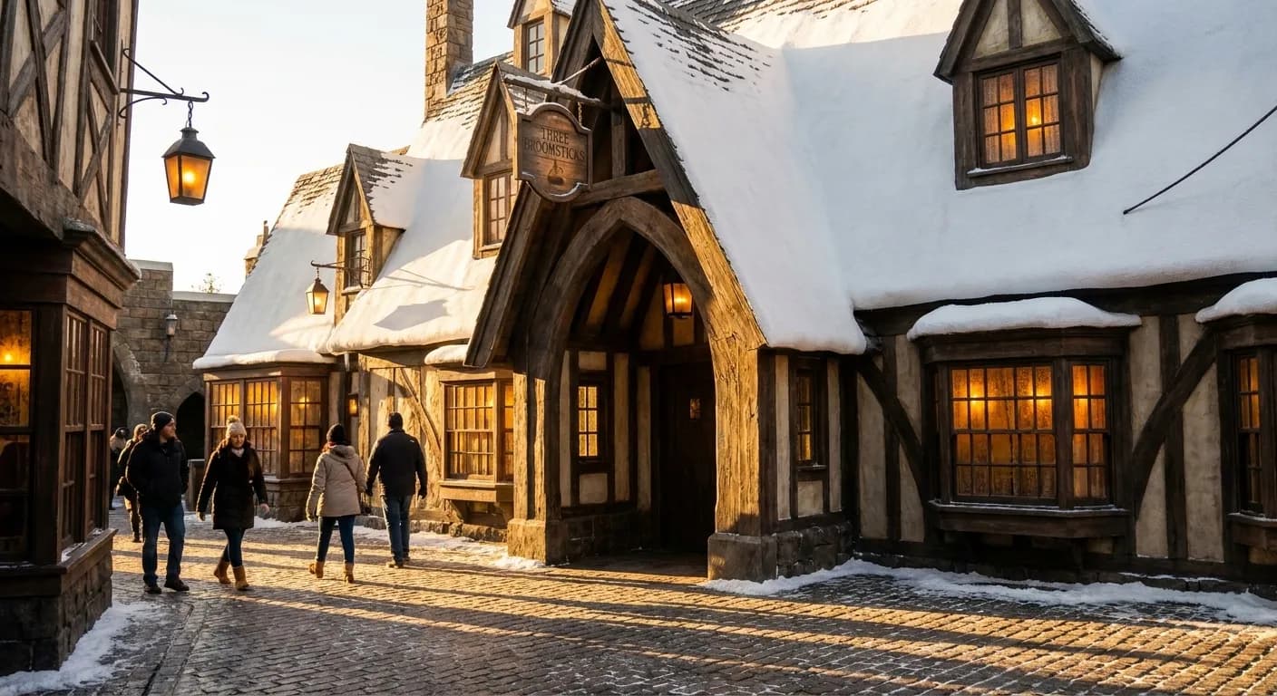 Three Broomsticks restaurant exterior with snow-covered roof and wooden sign in Hogsmeade Village at Universal Studios Hollywood