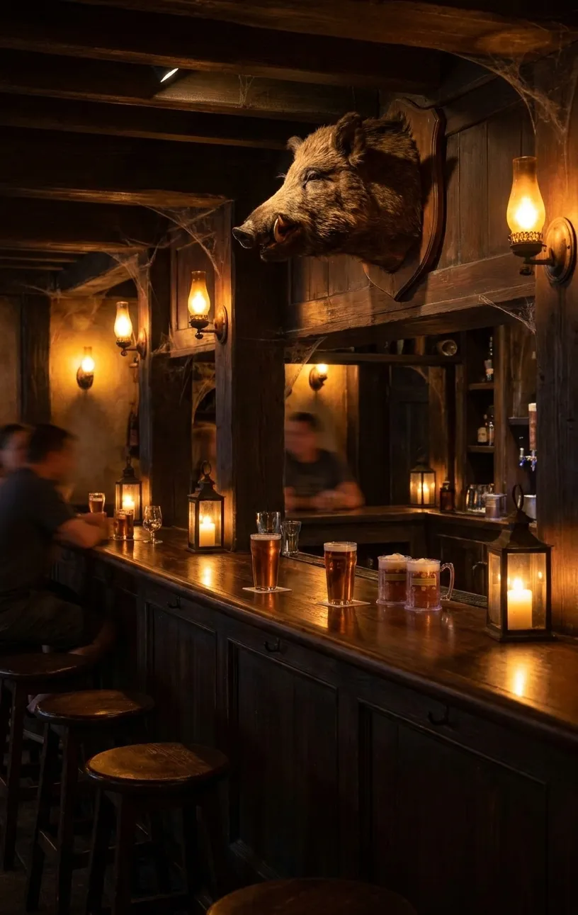 Hog's Head pub interior showing wooden bar, mounted boar's head, and rustic tavern seating at Universal Studios Hollywood