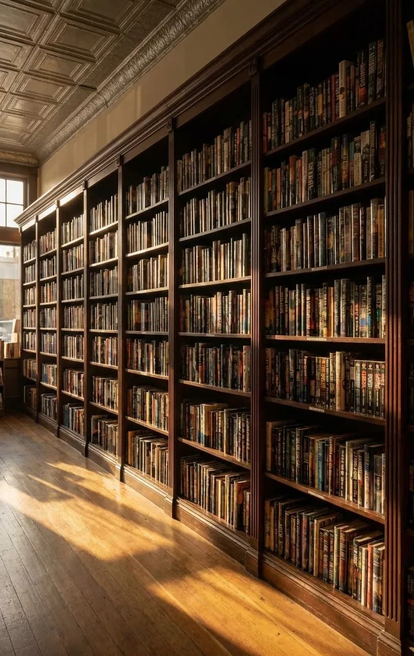 Floor-to-ceiling dark wood bookshelves filled with science fiction and fantasy titles at Borderlands Books