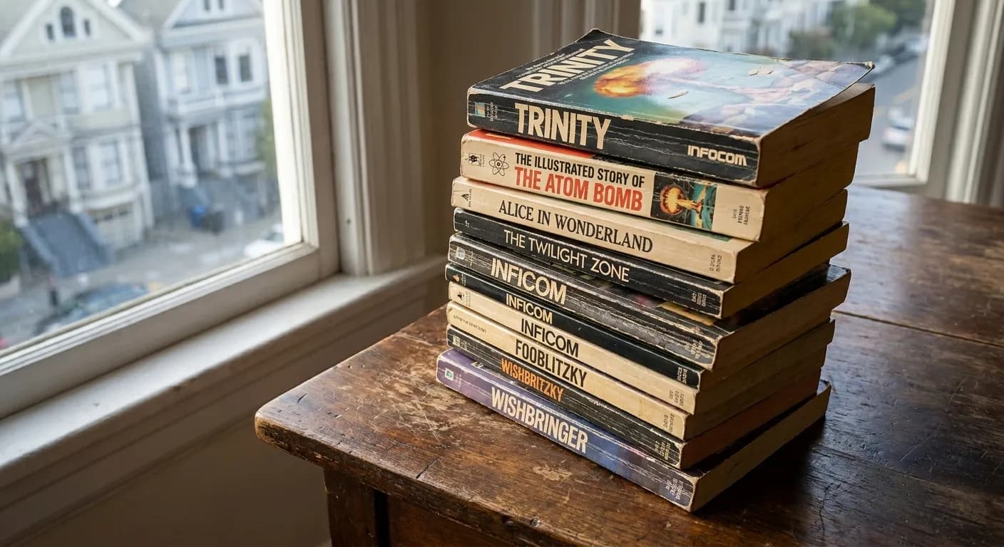 Stack of well-worn fantasy and science fiction paperbacks with vintage cover art