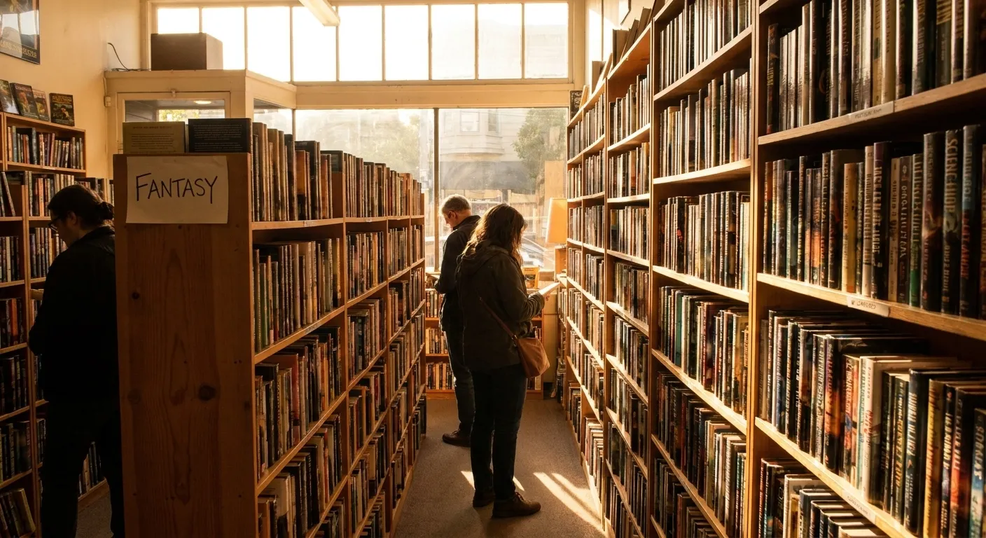 Floor-to-ceiling bookshelves packed with science fiction and fantasy titles at Borderlands Books in San Francisco's Haight-Ashbury neighborhood