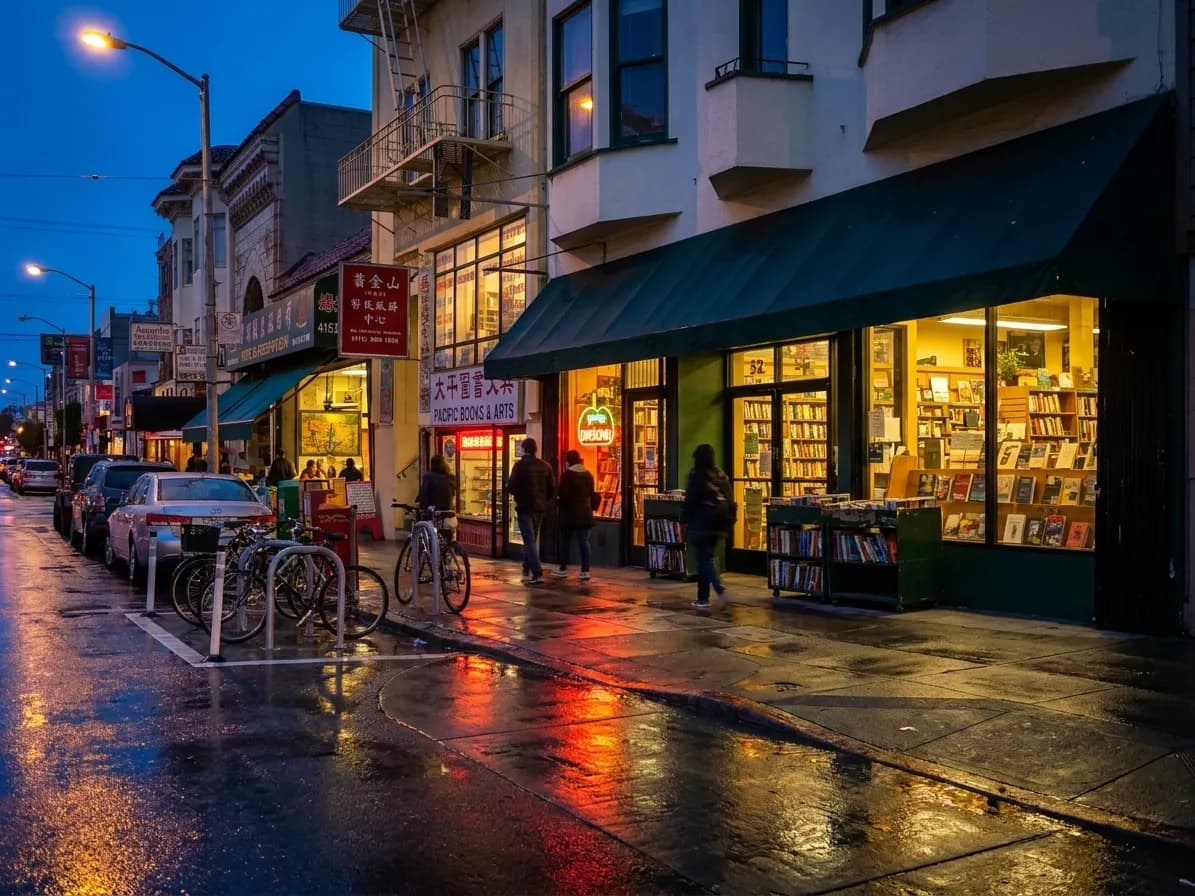 Green Apple Books storefront on Clement Street in San Francisco's Richmond District at dusk with interior lights glowing