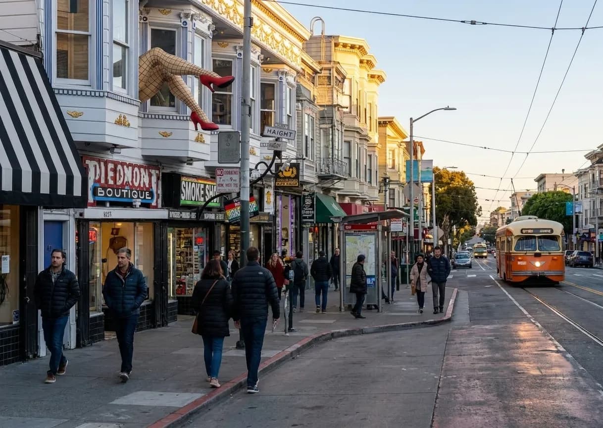Haight Street at dusk with vintage storefronts and pedestrians walking toward the N-Judah stop