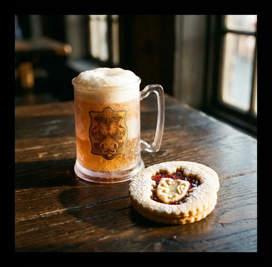 Frozen Butterbeer in a souvenir mug with Hogwarts house Linzer Cookie on a wooden table at the Wizarding World