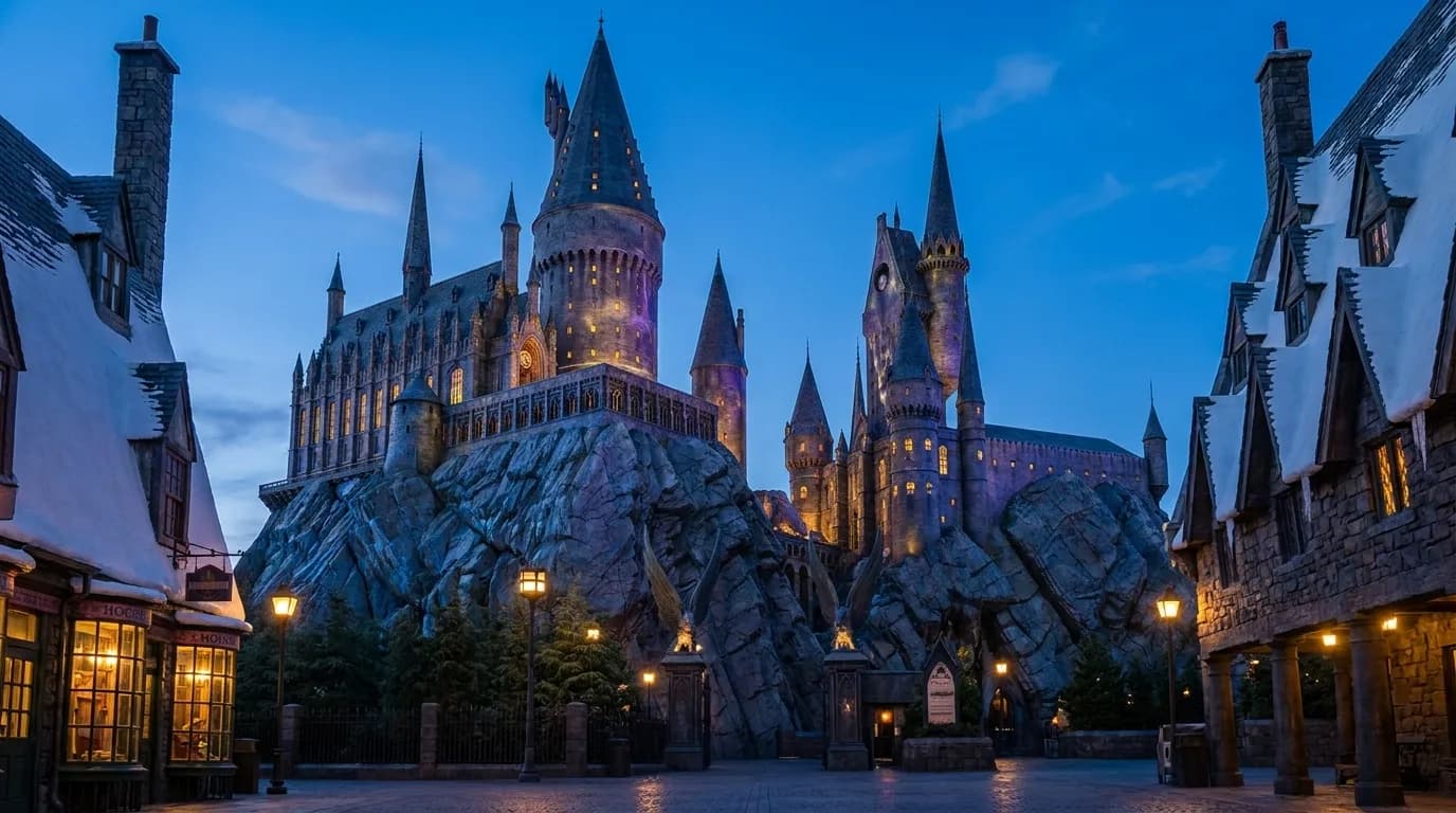 Hogwarts Castle towering over Hogsmeade village rooftops under evening sky at Universal Studios Hollywood