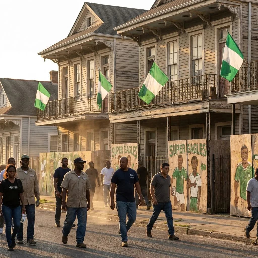 Nigeria's Super Eagles in Houston: Third Ward to Midtown Match-Week Diaspora Map — Wide shot of Emancipation Avenue at Dowling Street during golden hour, green-and