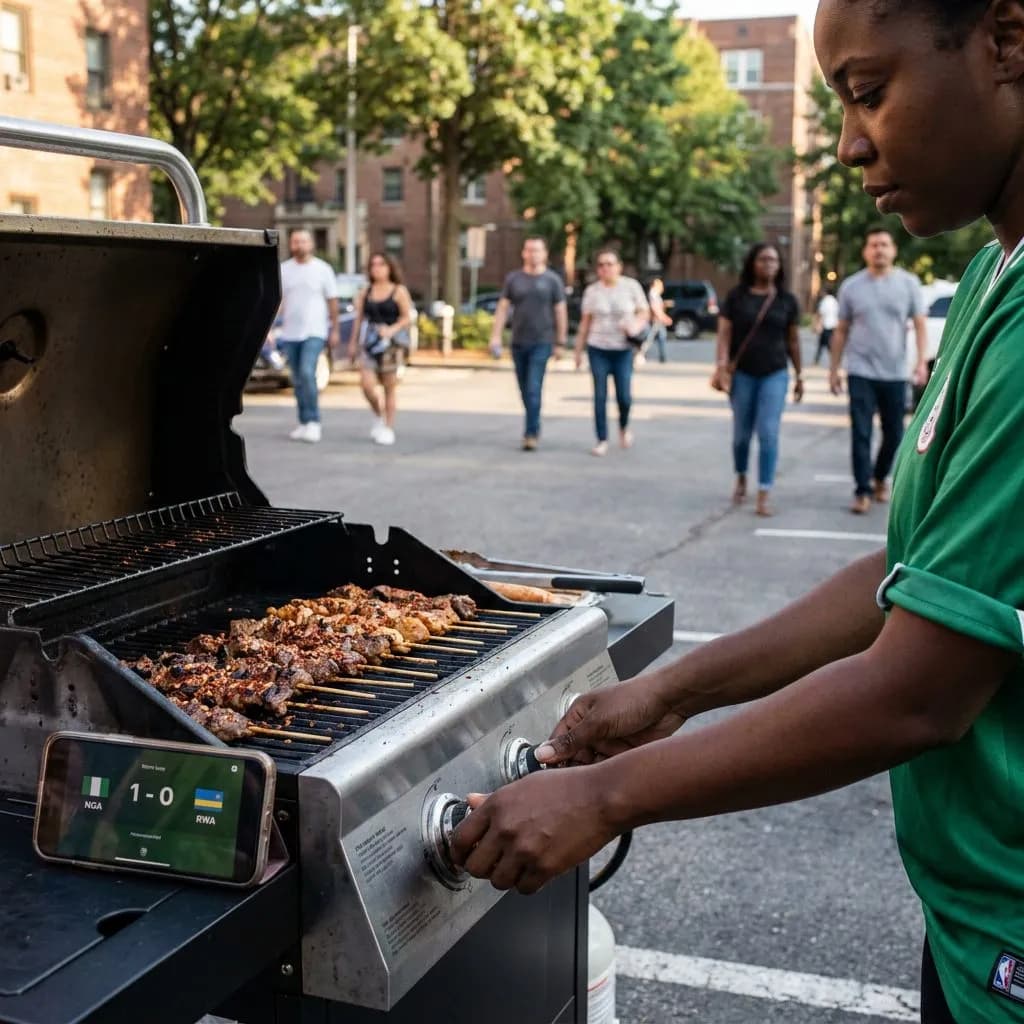 Nigeria's Super Eagles in Houston: Third Ward to Midtown Match-Week Diaspora Map — Close-up of a Black woman's hands in a Midtown parking lot adjusting a portable