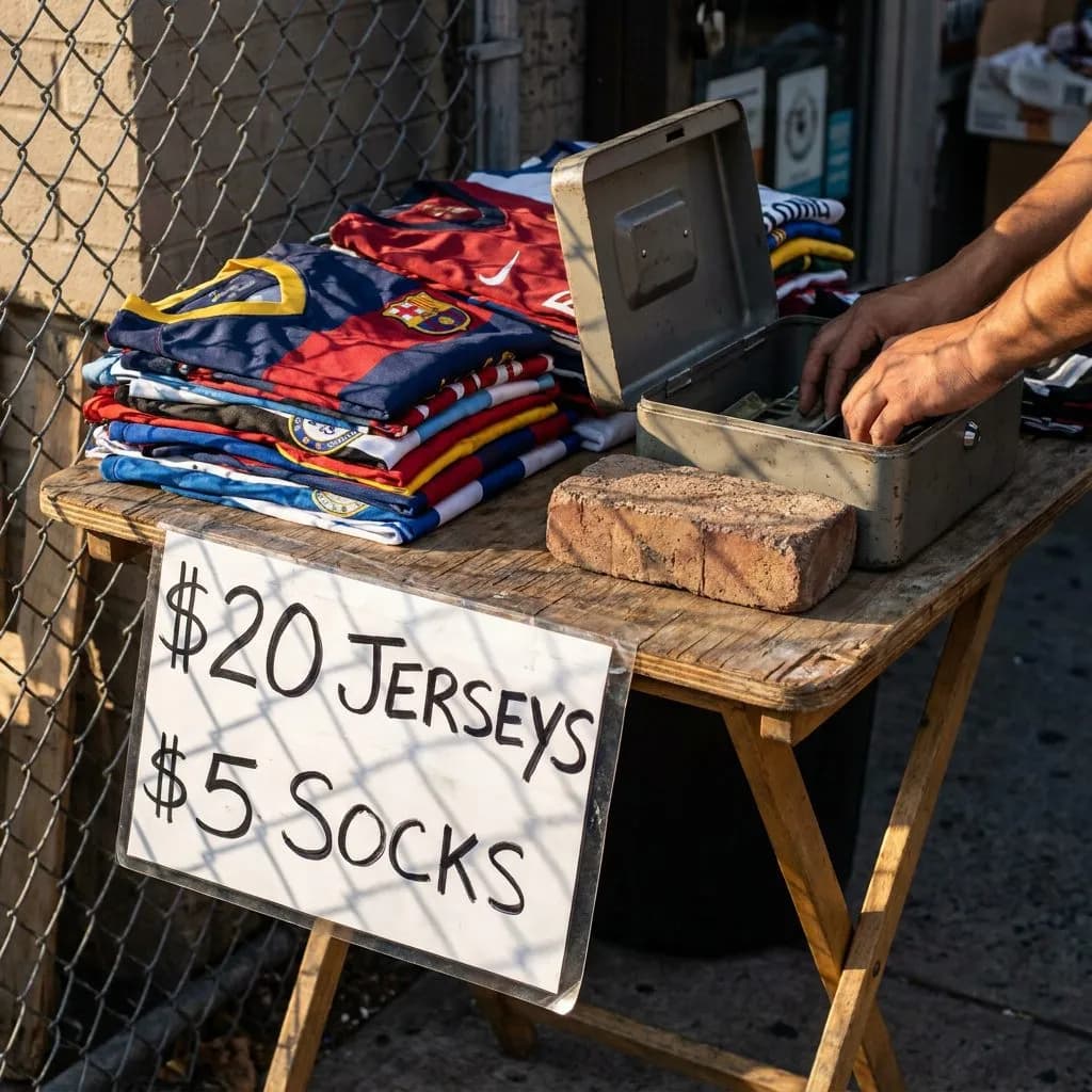 Nigeria's Super Eagles in Houston: Third Ward to Midtown Match-Week Diaspora Map — Detail of a folding table outside a Third Ward corner store: stacks of counterfe