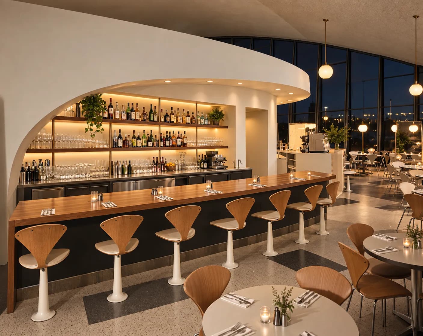 Long timber restaurant bar photographed down its length with a row of empty stools, backbar shelving of bottles and glassware and a high ceiling with pendant lights