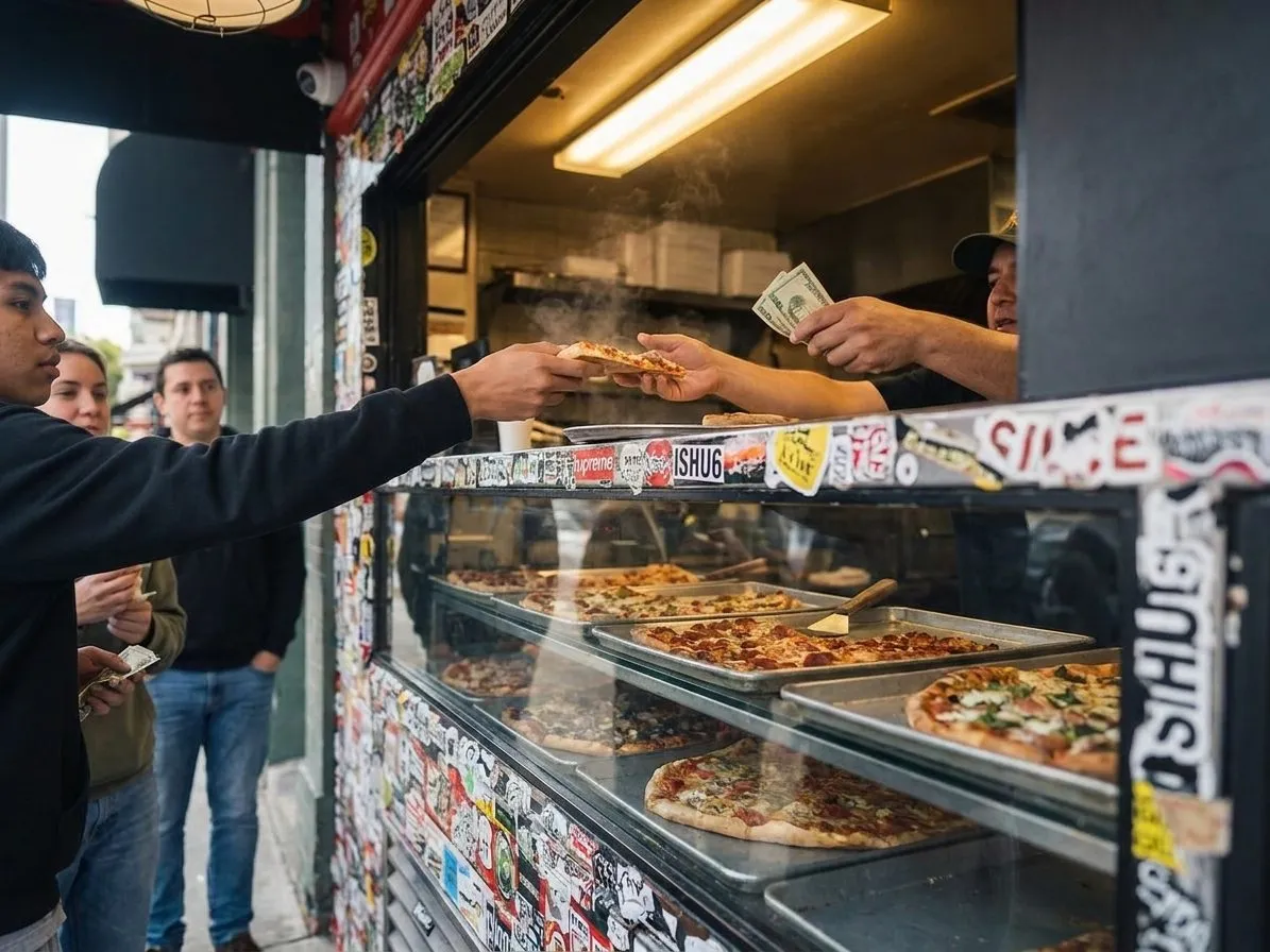 A busy slice counter with square pizza trays and customers ordering
