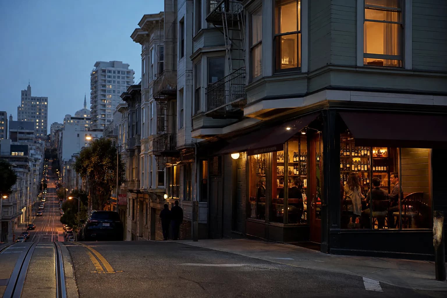 A quiet North Beach wine bar exterior glowing on a San Francisco evening street