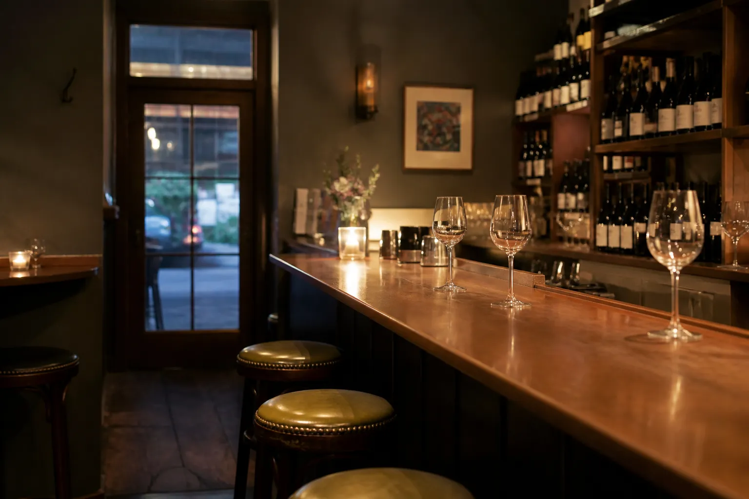 A narrow wine bar counter in North Beach with bottles and soft light