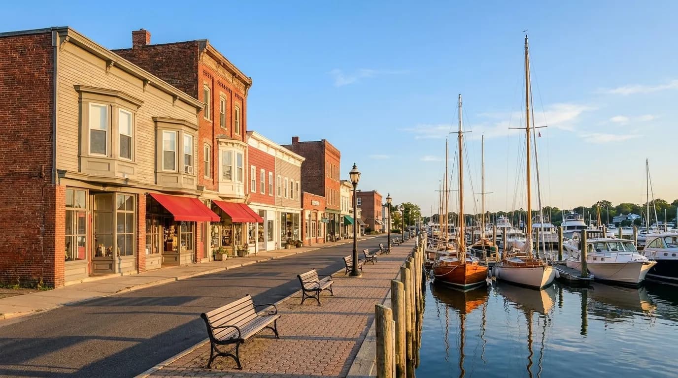 Greenport harbor waterfront with boats and historic storefronts on a sunny afternoon