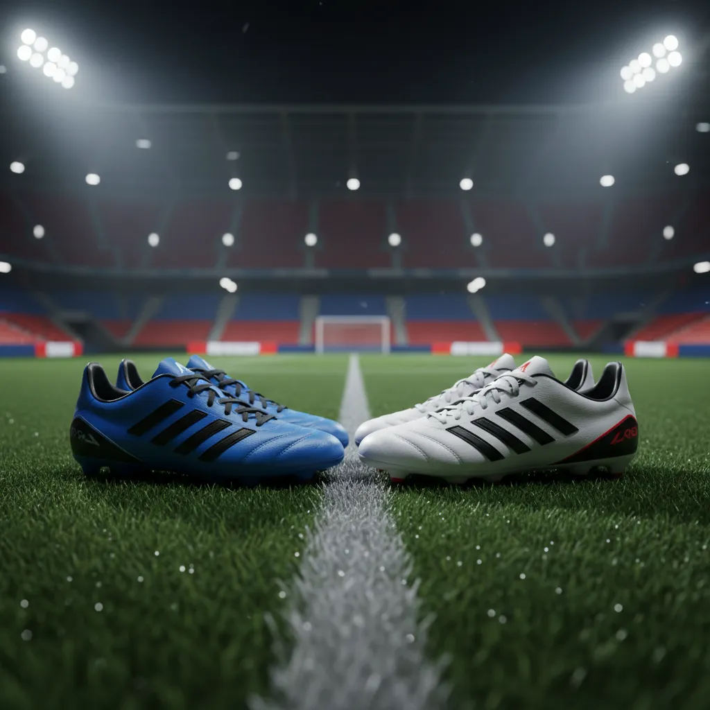 Two pairs of boots face off toe-to-toe symbolizing a World Cup striker duel