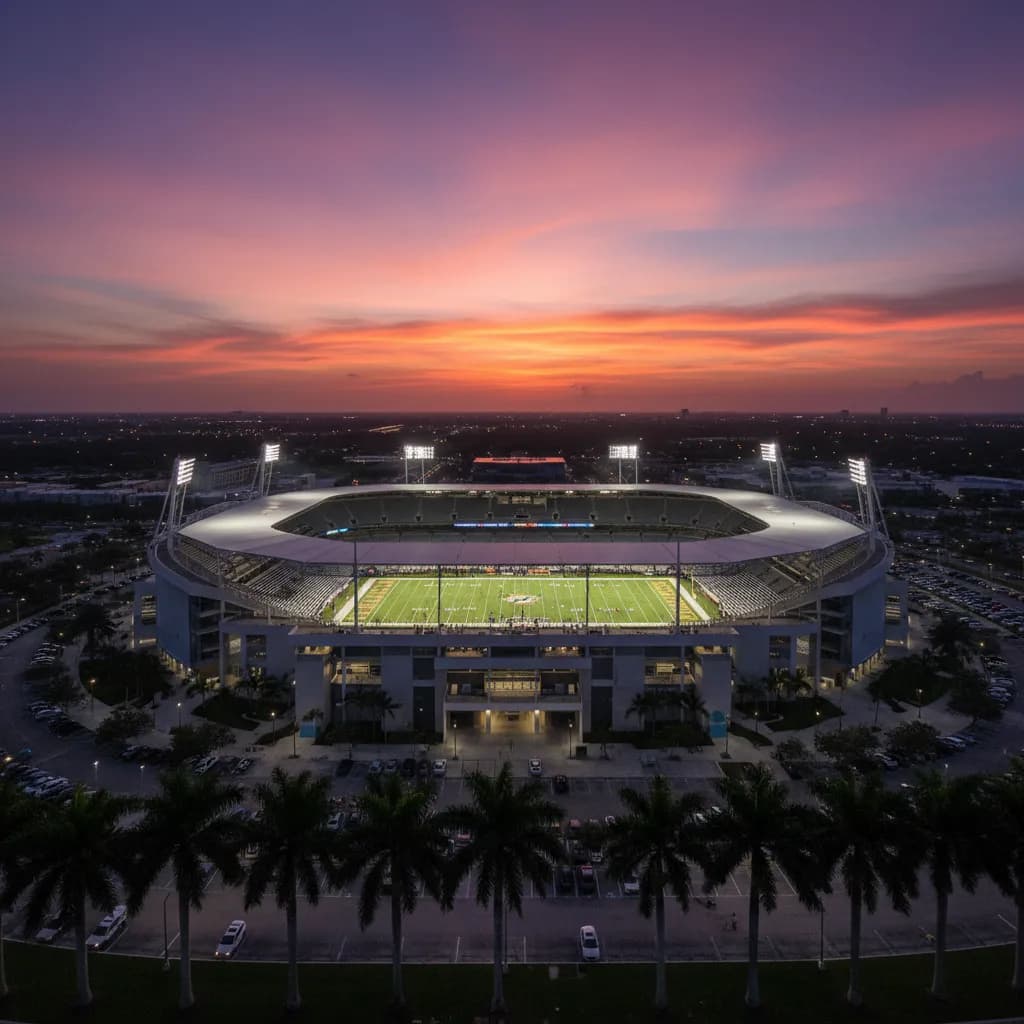 Hard Rock Stadium in Miami glows at twilight with palm trees and a tropical sunset sky