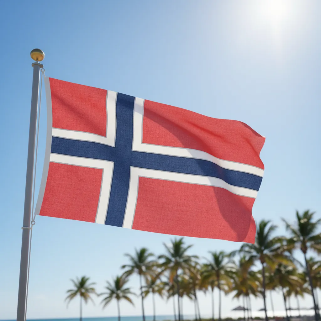 A Norwegian flag waves against a clear blue Miami sky with palm trees in the background