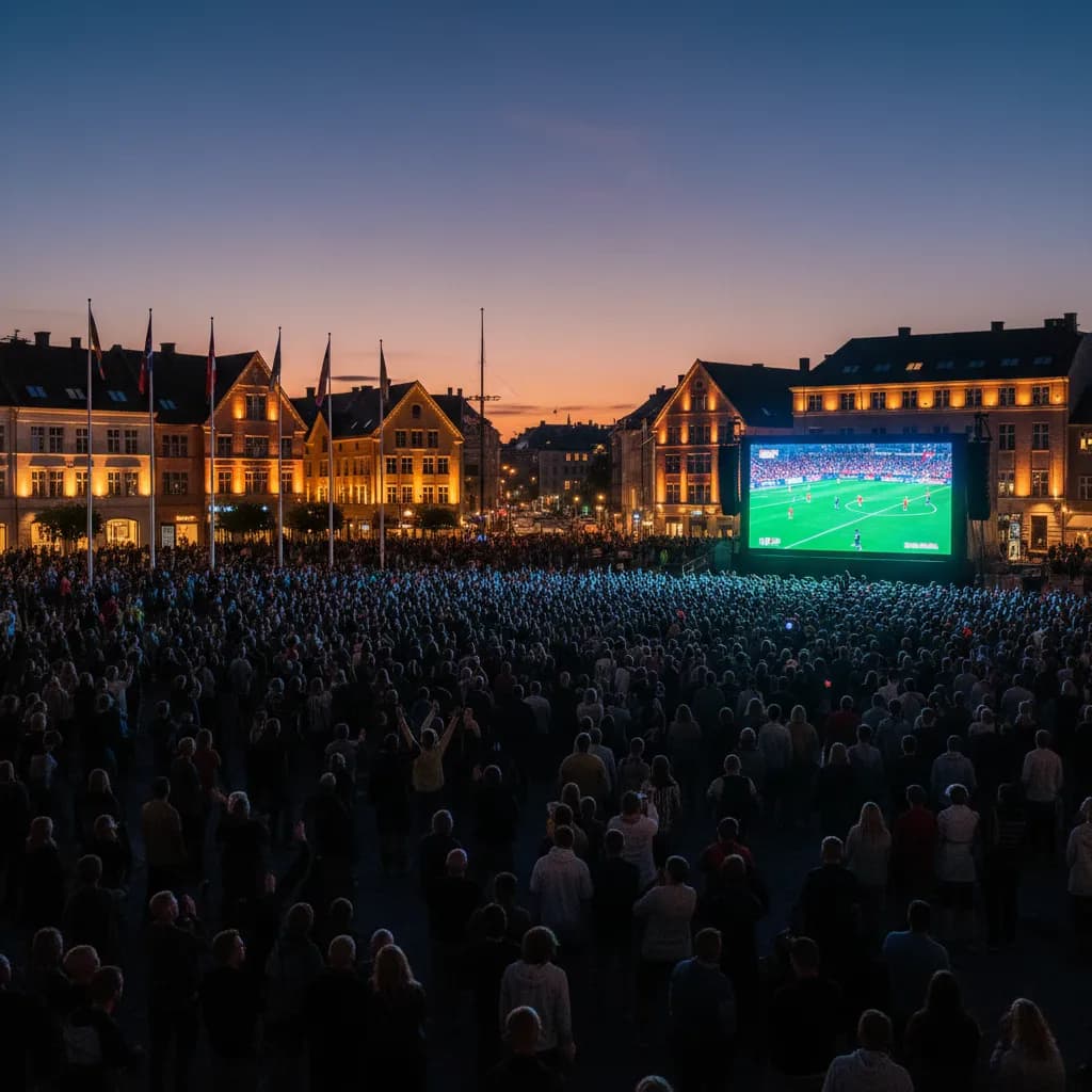 A massive outdoor screening event in a Scandinavian waterfront plaza