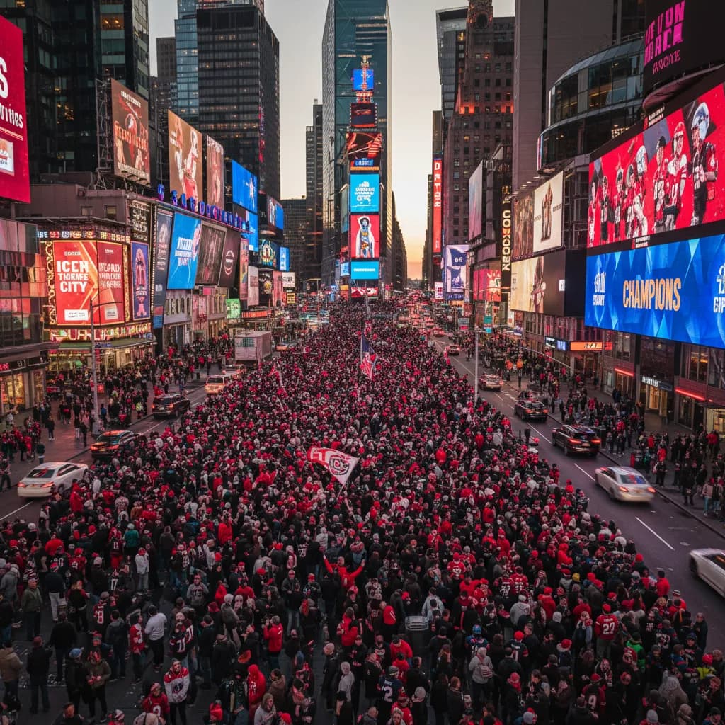 Times Square filled with thousands of red-clad football fans beneath neon billboards at dusk