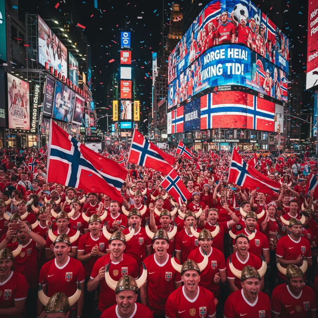 Norwegian fans in red filling Times Square with flags during World Cup 2026