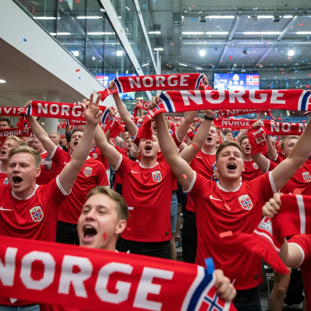 Norway fans waving flags and scarves in a packed New York stadium