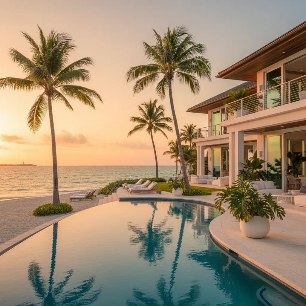 A beachfront villa in Key Biscayne at golden hour with palm trees and a turquoise ocean view
